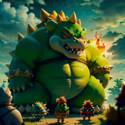 a cartoon character with a large green monster on his back and a smaller monster on his back, in front of a cloudy sky