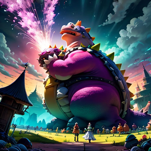 a cartoon character in a purple outfit with a purple dragon on his back and a purple dragon on his back