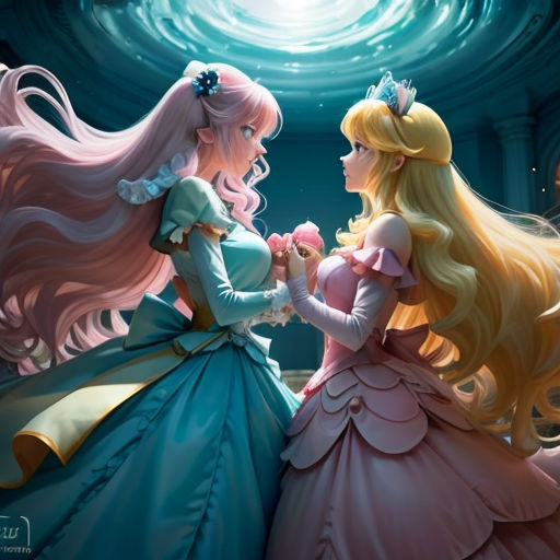 two beautiful women dressed in dresses talking to each other in a room with a light blue ceiling and a blue ceiling