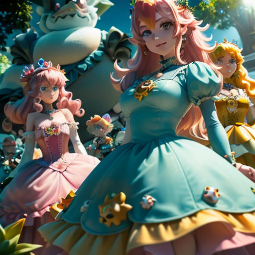 a group of cartoon characters standing in front of a statue of a princess and other characters in a park