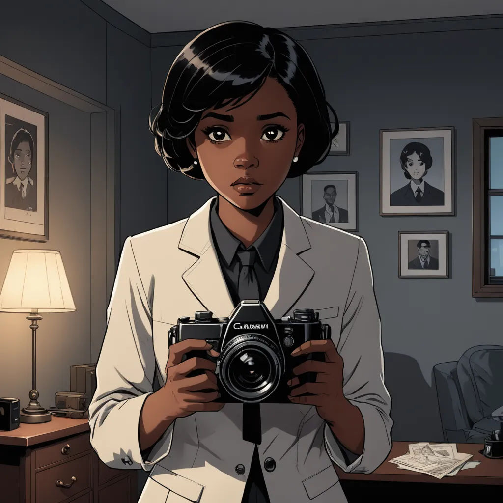 a woman holding a camera in a room with pictures on the wall and a lamp on the desk behind her, harlem renaissance, a comic book panel, Daphne Allen, official art