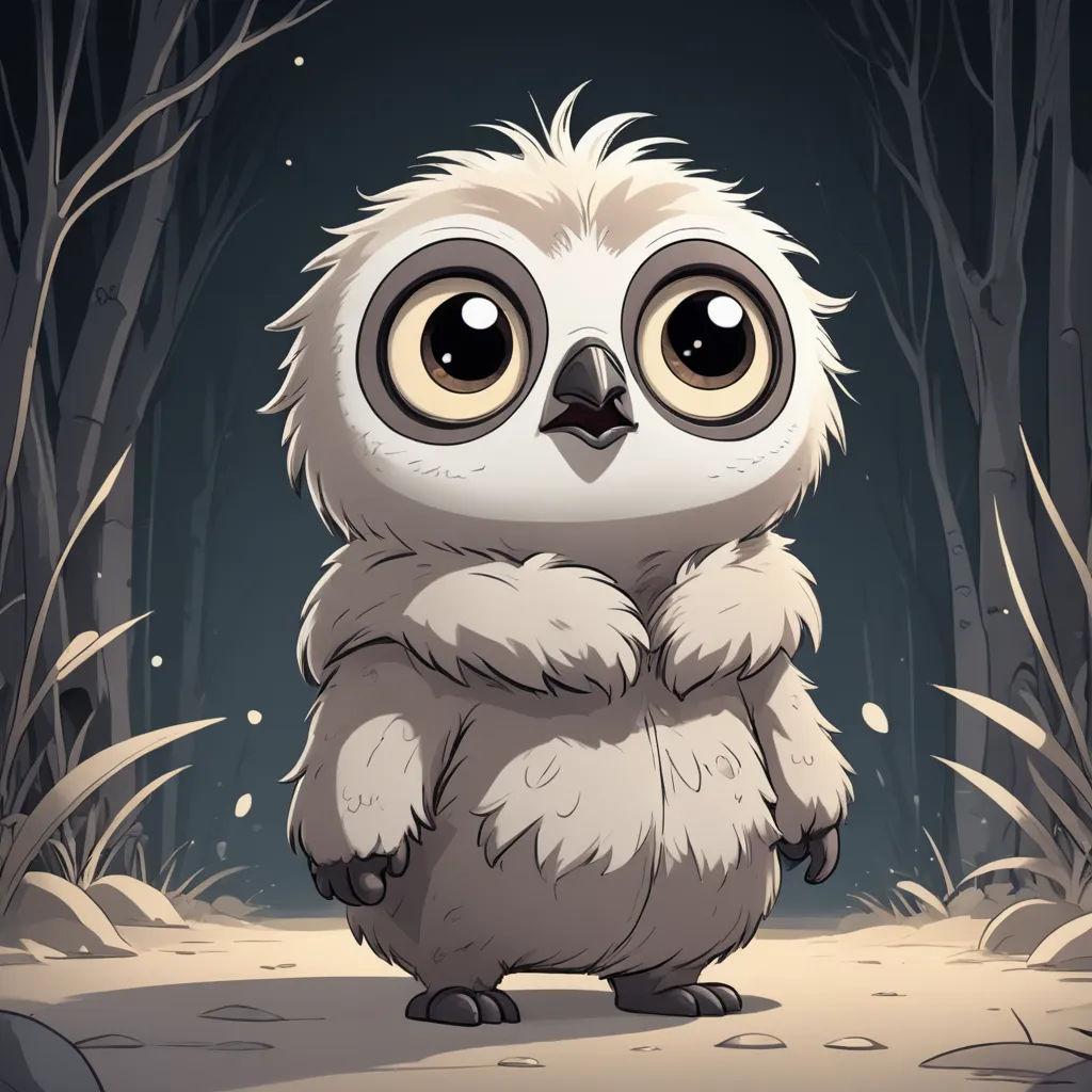 a cartoon owl standing in a forest with trees in the background and a dark sky with stars in the background, sots art, a character portrait, Brom, game art