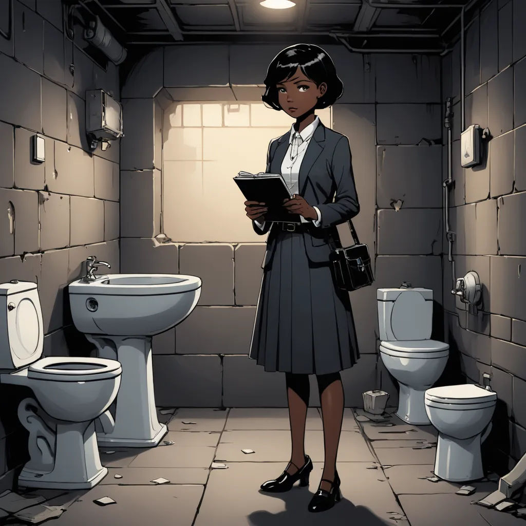 a woman in a bathroom with a toilet and a sink and a toilet paper dispenser in front of her, institutional critique, concept art, Clarice Beckett, official art