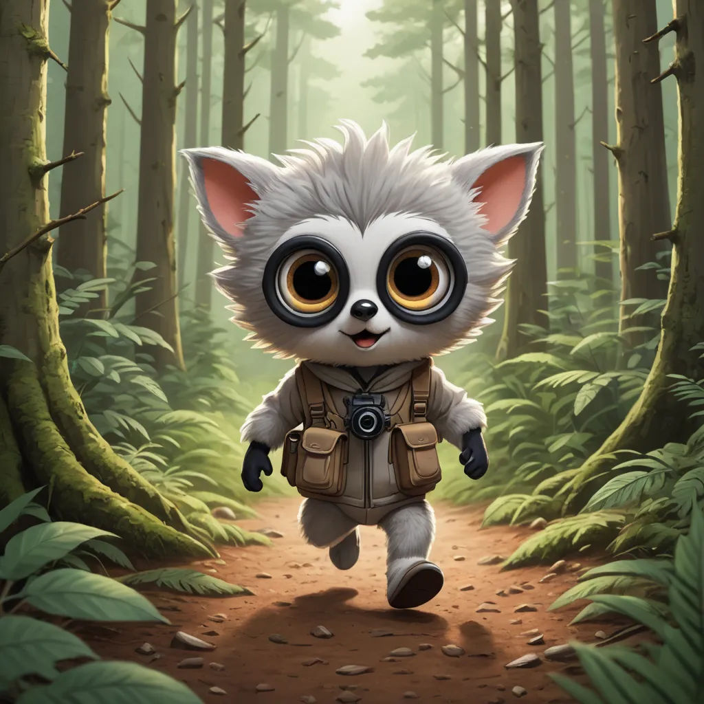 a small animal with big eyes walking through a forest with trees and leaves on the ground, with a backpack on its back, furry art, a character portrait, Chris LaBrooy, splash art