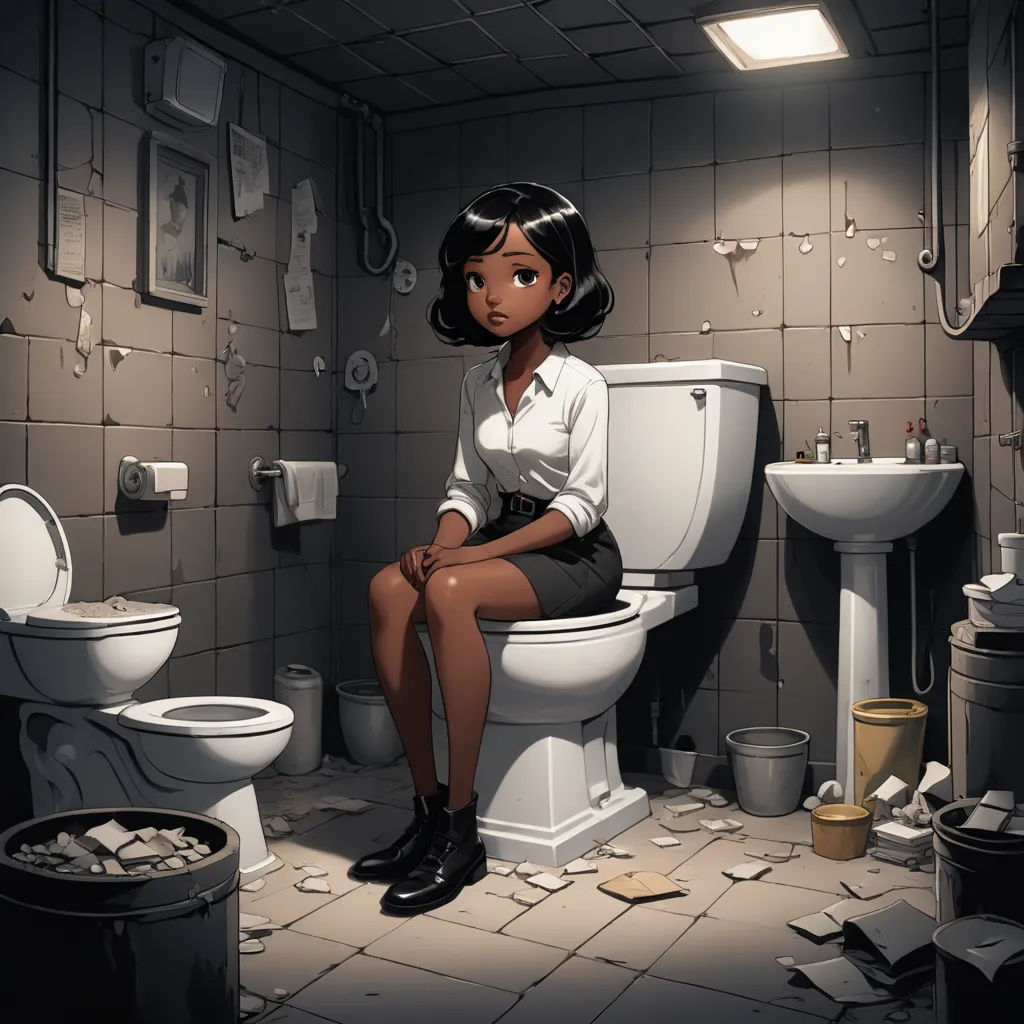 a woman sitting on a toilet in a bathroom with a lot of trash around her and a sink and toilet, context art, a painting, Atey Ghailan, cushart krenz