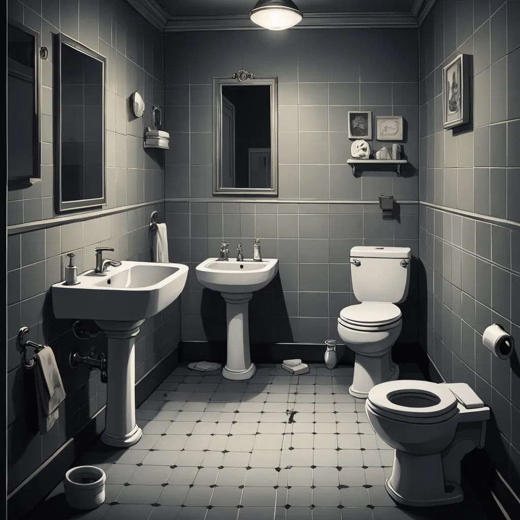 a bathroom with a toilet, sink, and mirror in it's corner with a tiled floor and walls, photorealism, an ambient occlusion render, Bedwyr Williams, photorealistic lighting