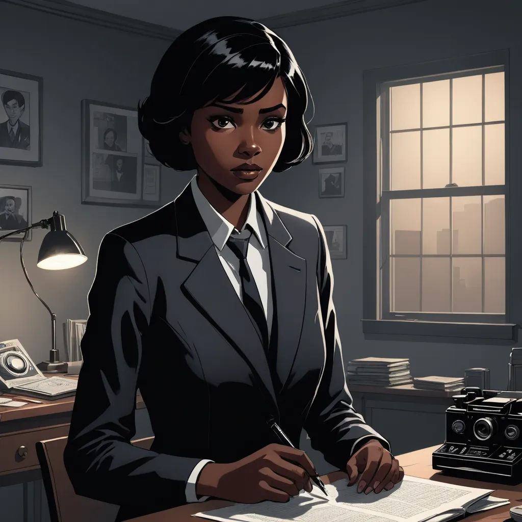 a woman in a suit sitting at a desk with a book and camera in front of her, in a dark room, harlem renaissance, a character portrait, Ada Gladys Killins, noir