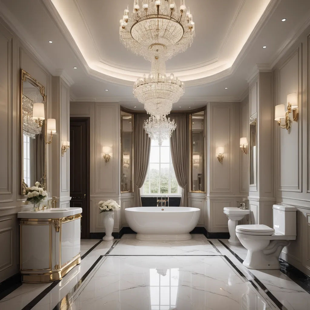 a fancy bathroom with a chandelier and a tub in the middle of the room with a chandelier, neoclassicism, a digital rendering, Enguerrand Quarton, luxury