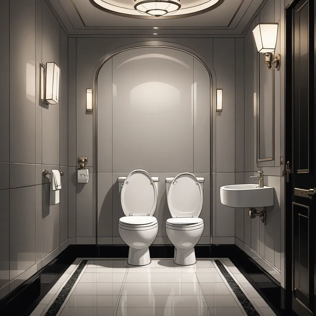 a bathroom with two toilets and a sink in it's stall area with a mirror above the toilet, art deco, a digital rendering, Enguerrand Quarton, unreal engine 5 highly rendered