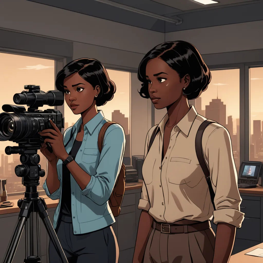 two women standing in an office with a camera and a tripod in front of them, looking at a city, serial art, concept art, Chinwe Chukwuogo-Roy, official art