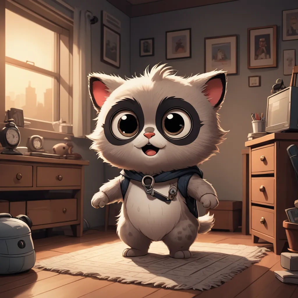 a cartoon panda bear standing on a rug in a room with a dresser and dresser with a window and a dresser with a mirror, sots art, concept art, Chris LaBrooy, game art