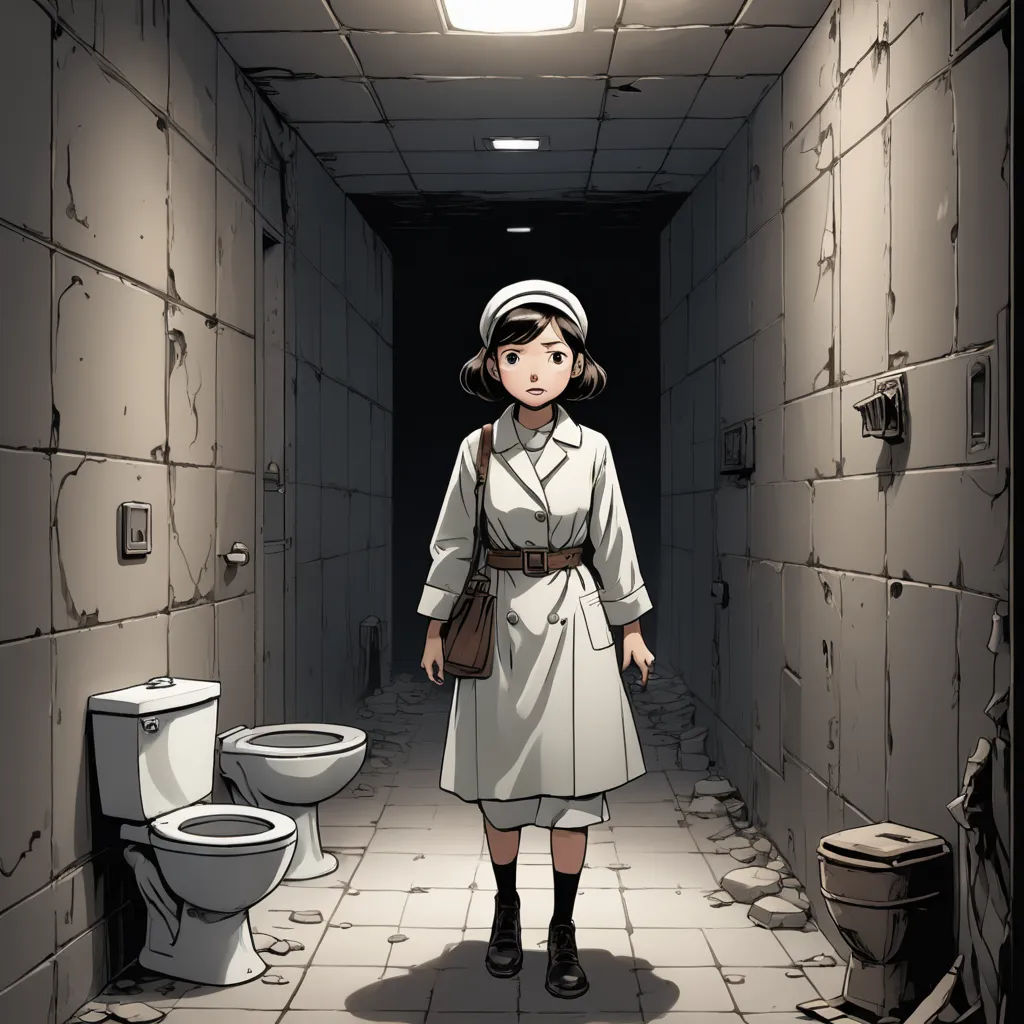 a woman in a white dress and hat standing in a hallway next to a toilet and a trash can, underground comix, a comic book panel, Chizuko Yoshida, comic cover art