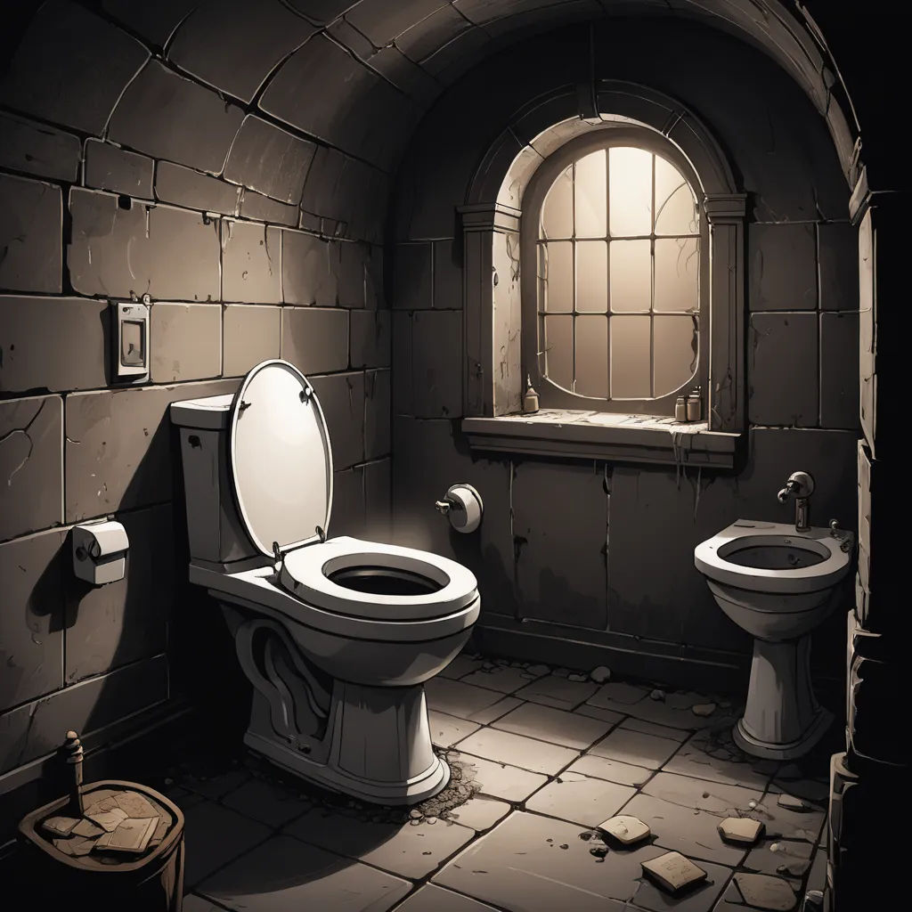 a bathroom with a toilet and a sink in it with a window above it and a trash can below, sots art, concept art, Andreas Rocha, game art