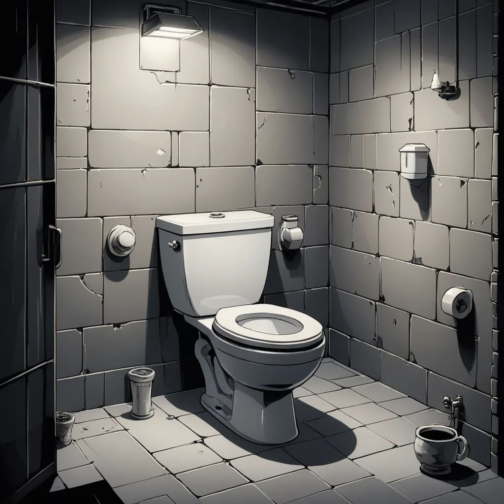 a bathroom with a toilet and a trash can in it's stall, with a light on above the toilet, sots art, concept art, Andreas Rocha, 2 d game art