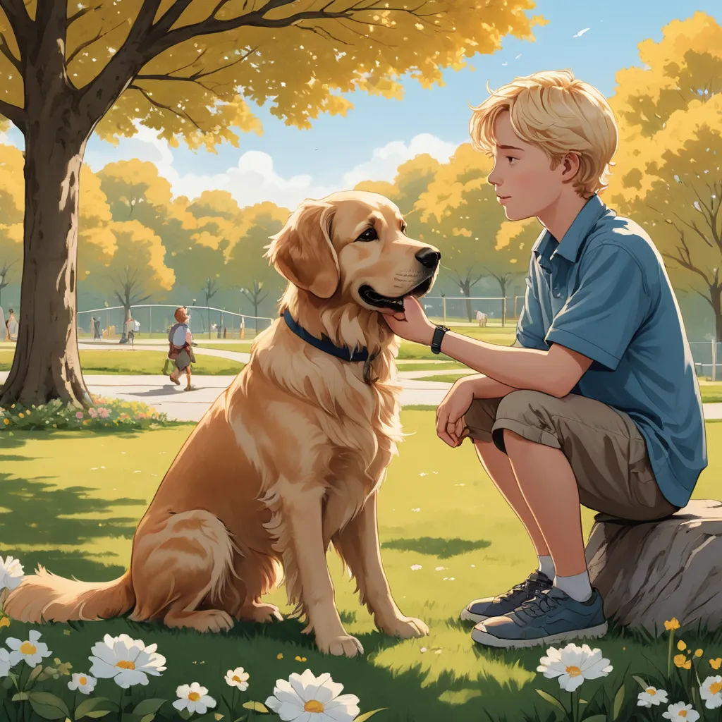 a boy sitting on a rock with a dog in front of him and a tree in the background with white flowers, american scene painting, a storybook illustration, Aaron Jasinski, official art