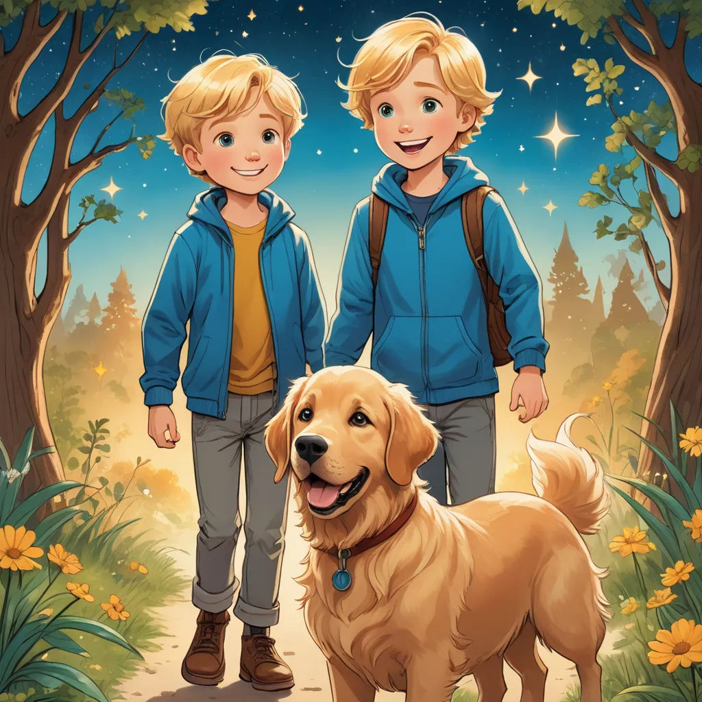 a boy and a boy standing next to a dog in a forest with stars and flowers on the sky, furry art, a storybook illustration, Brothers Hildebrandt, comic cover art