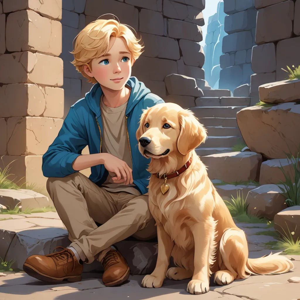 a boy sitting next to a dog on a stone walkway with a waterfall in the background and a stone wall, furry art, a storybook illustration, Cliff Childs, official art