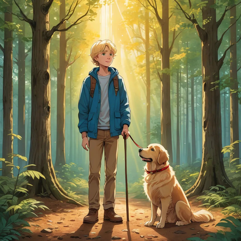 a boy with a cane and a dog in the woods with sunlight coming through the trees and leaves on the ground, magical realism, a storybook illustration, Aaron Jasinski, official art