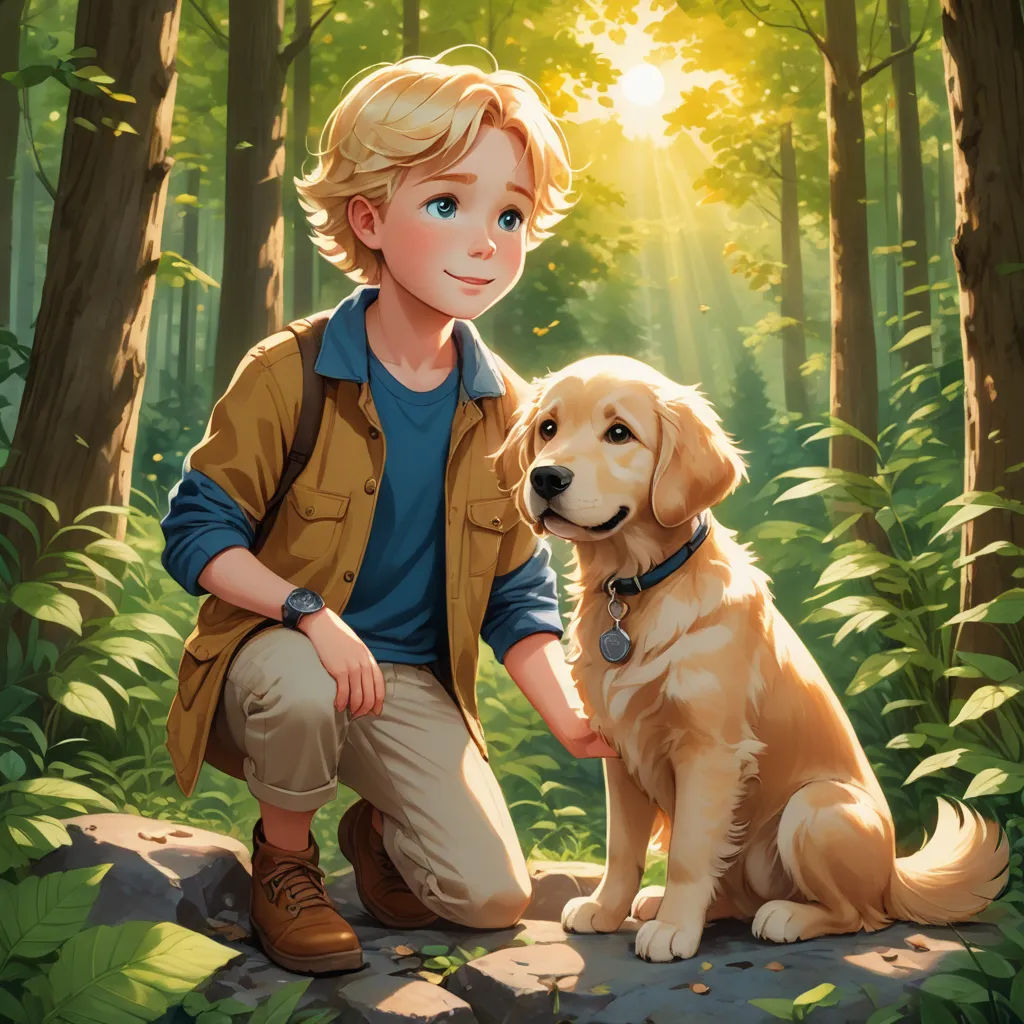 a boy kneeling down next to a dog in a forest with sunlight shining through the trees behind him and a dog sitting on the ground, furry art, a storybook illustration, Aaron Jasinski, official art