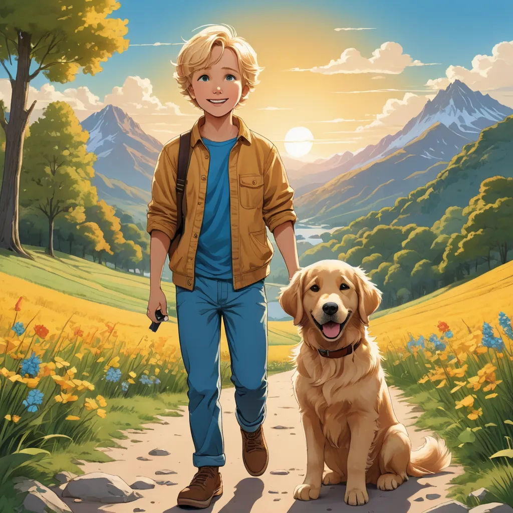 a man walking a dog down a path in a field of flowers and trees with a sunset behind him, american scene painting, a storybook illustration, Brothers Hildebrandt, official art