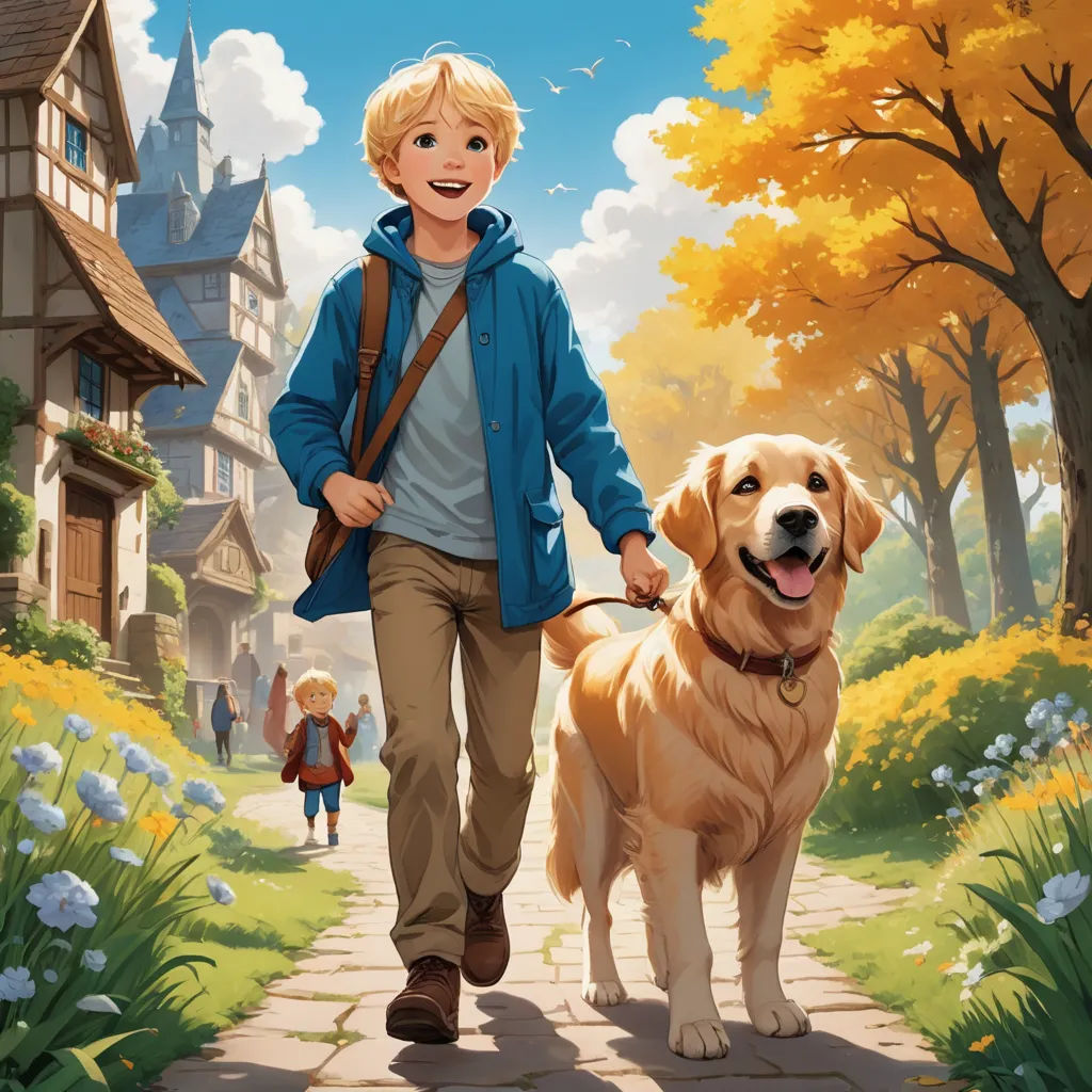 a boy walking a dog down a path in a park with a house in the background and a woman walking behind him, american scene painting, a storybook illustration, Brothers Hildebrandt, official art