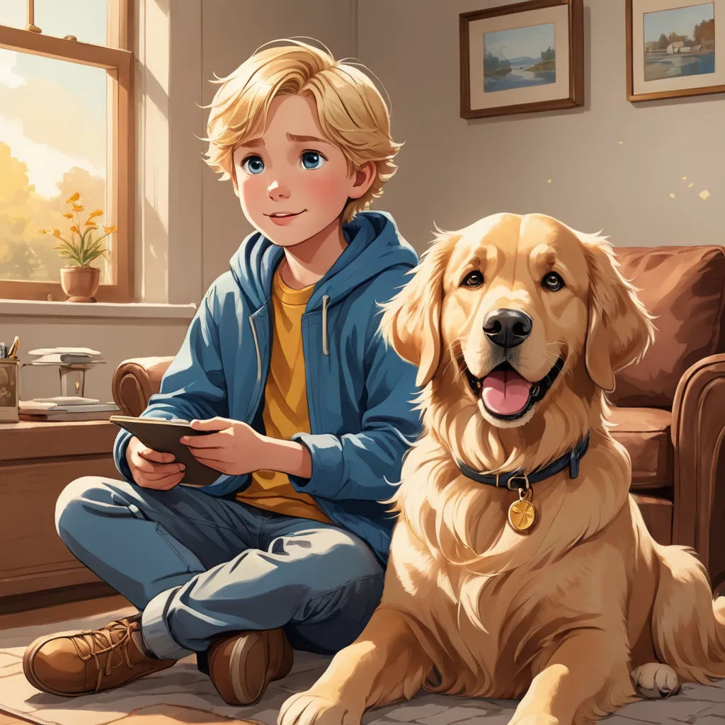 a boy sitting on the floor next to a dog holding a remote control in his hand and a dog sitting next to him, furry art, a storybook illustration, Cliff Childs, storybook illustration