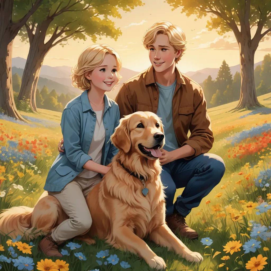 a man and woman sitting next to a dog in a field of flowers with trees in the background and a sunset, american scene painting, a storybook illustration, Aaron Jasinski, official art