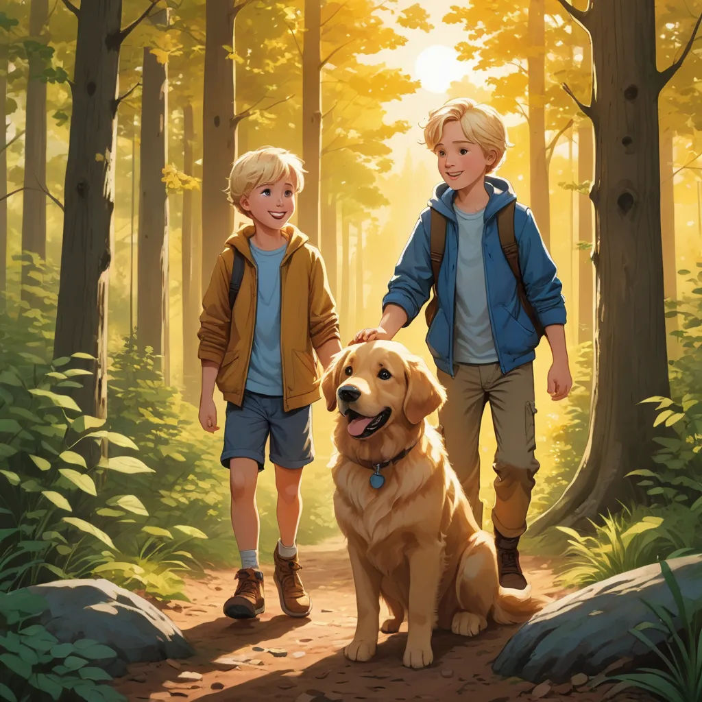 a boy and a boy walking a dog in the woods with a dog on a leash behind them,, american scene painting, a storybook illustration, Brothers Hildebrandt, official art