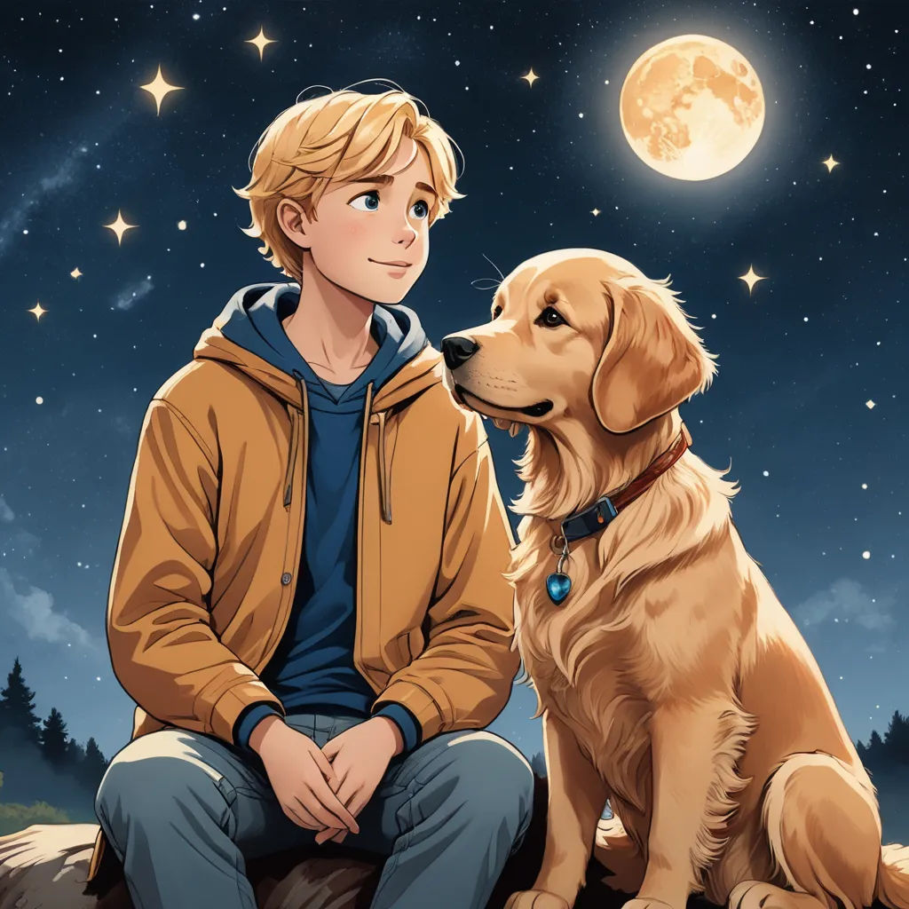 a boy and his dog sitting in the moonlight under the stars of the moon and the moon behind them, furry art, a storybook illustration, Aaron Jasinski, official art