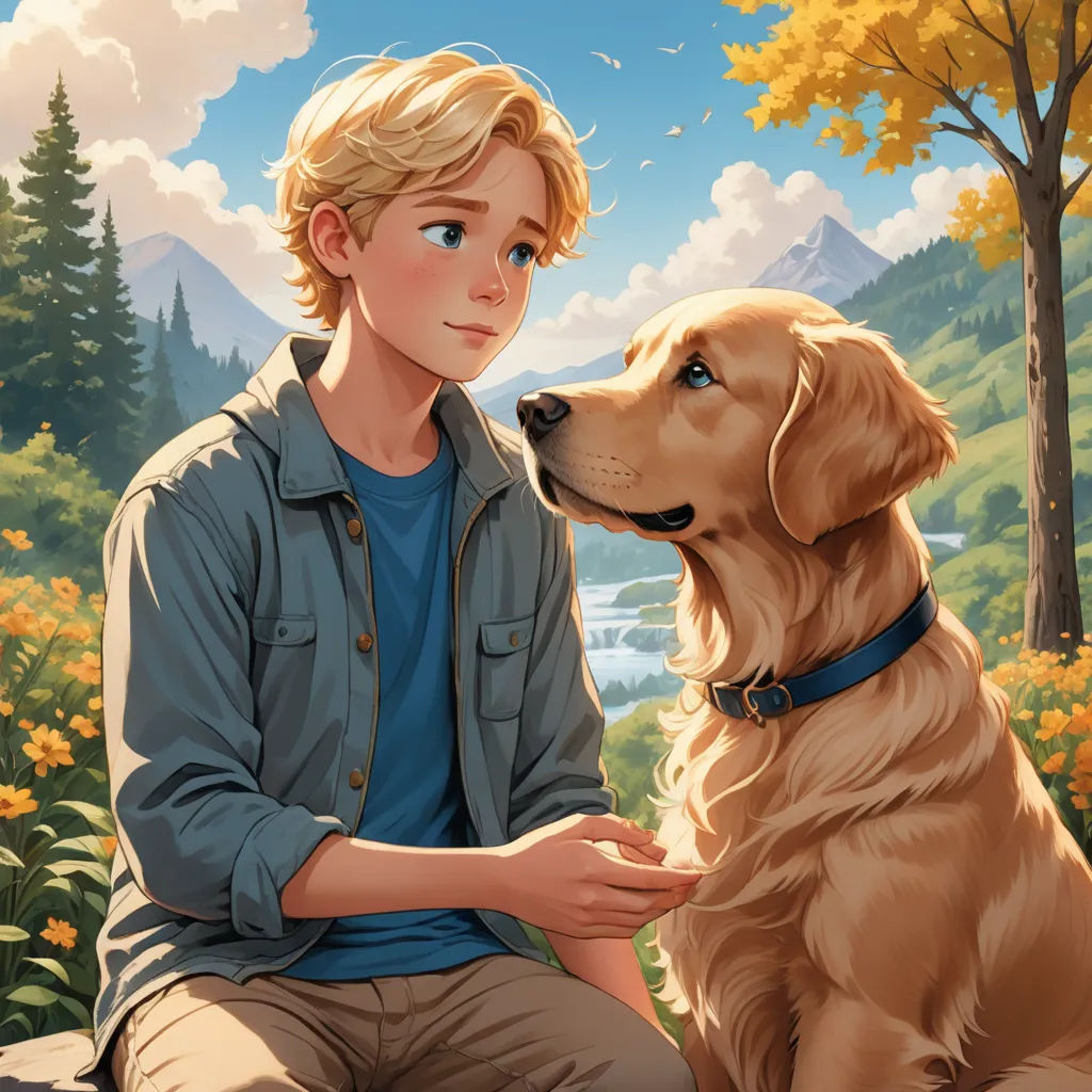 a boy and his dog are sitting in a field of flowers and trees, with a mountain in the background, furry art, a storybook illustration, Aaron Jasinski, official art
