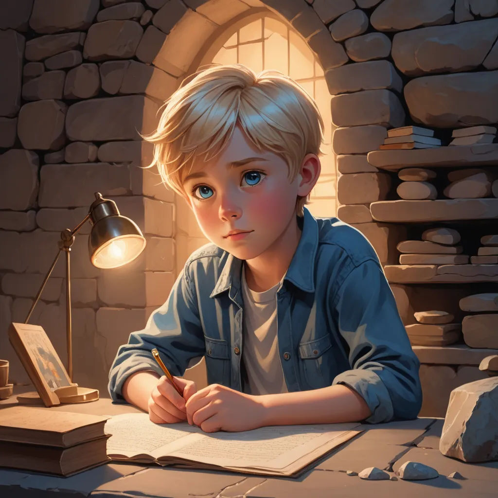 a boy sitting at a desk with a book and pen in his hand and a lamp on the table, fantasy art, a storybook illustration, Evgeny Lushpin, rossdraws global illumination