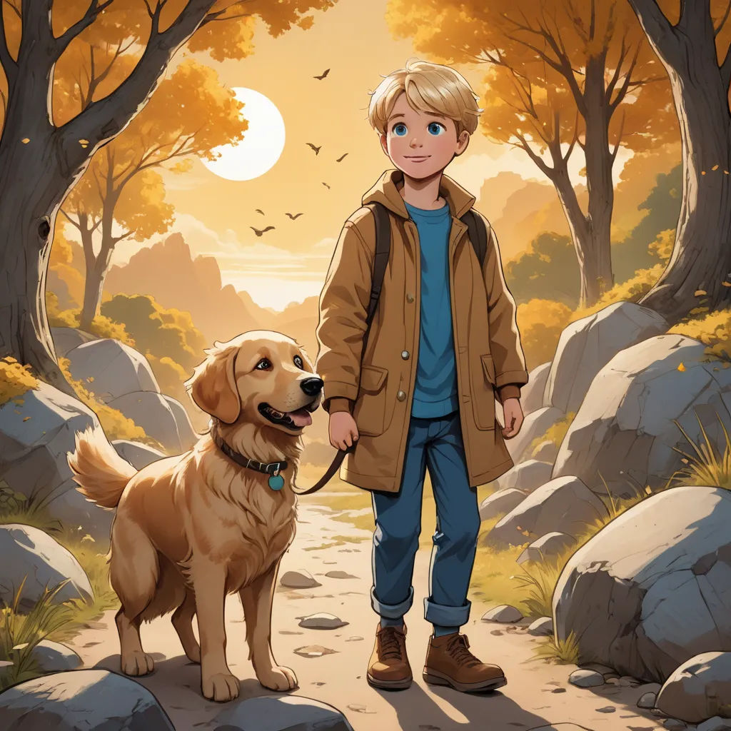 a boy and his dog are walking through a forest at sunset or sunrise time, with a boy in a brown jacket and blue jeans and a blue shirt, american scene painting, a storybook illustration, Cliff Childs, official art