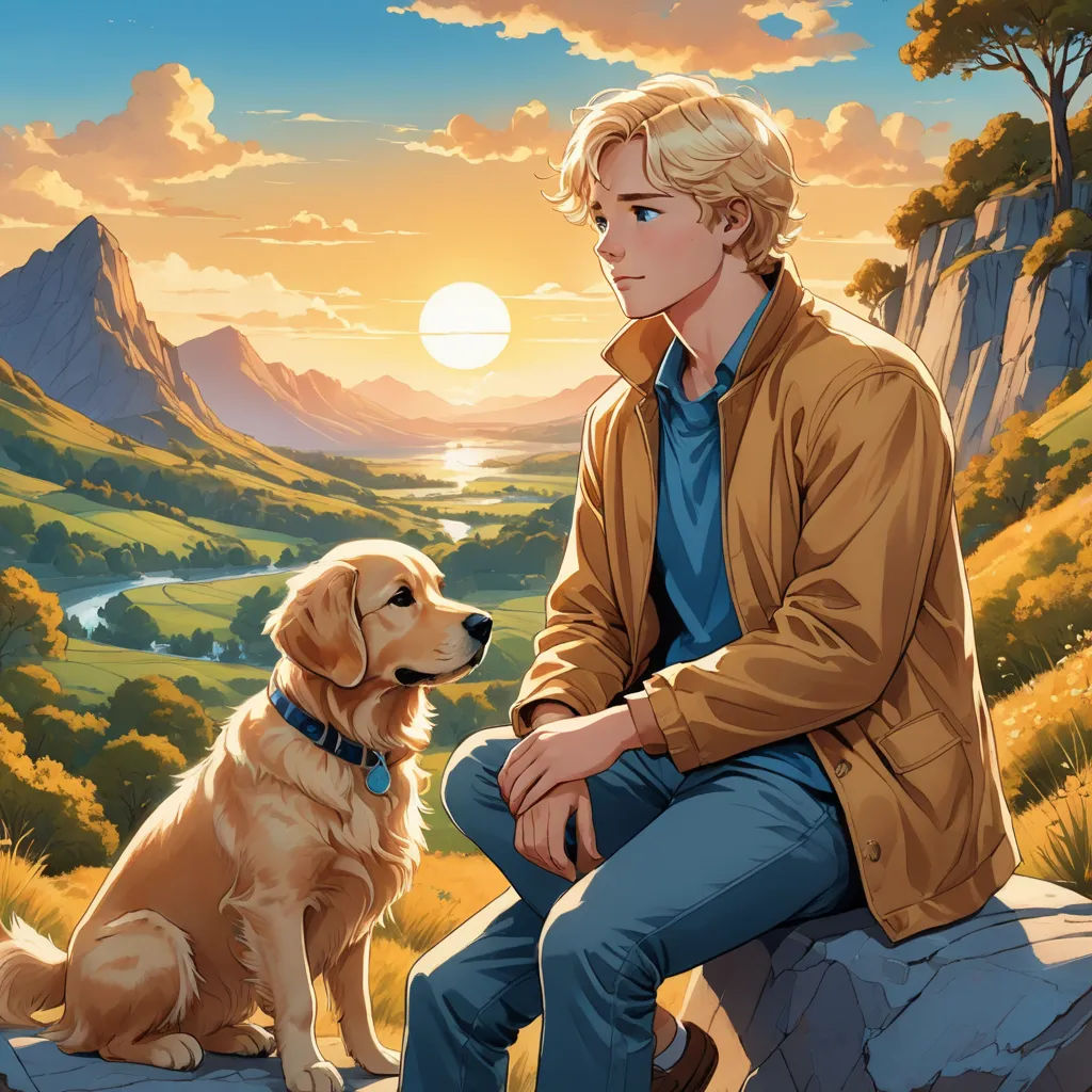 a man sitting on a rock next to a dog with a sunset in the background and mountains in the background, furry art, a comic book panel, Brothers Hildebrandt, official art