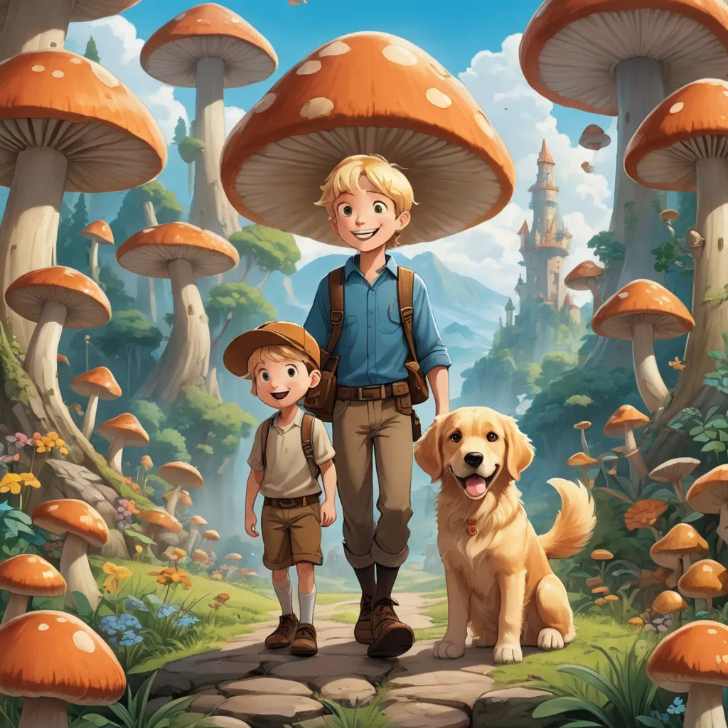a boy and a dog are standing in front of a mushroom forest with mushrooms and mushrooms on the ground, fantasy art, a storybook illustration, Brothers Hildebrandt, kinkade