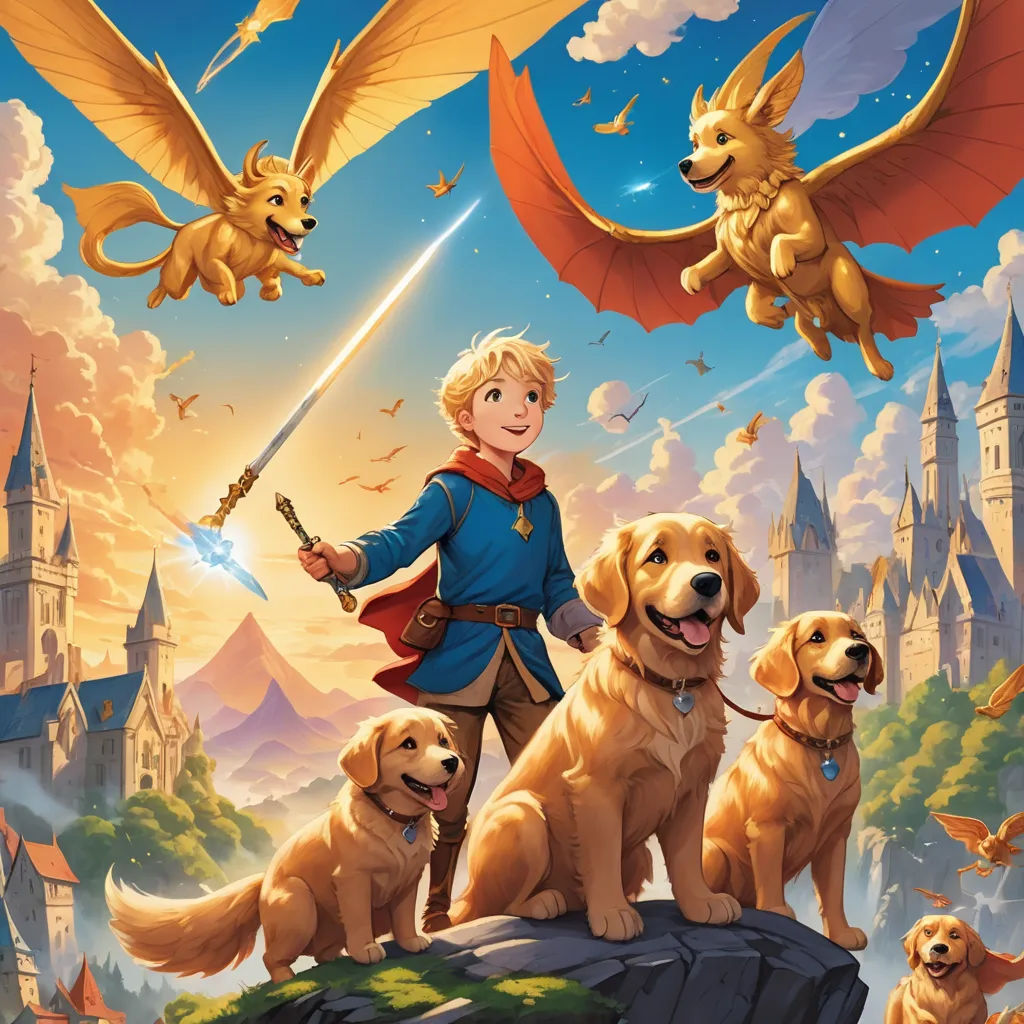 a boy with a sword standing on a rock with four dogs in front of him and a dragon flying above him, fantasy art, a storybook illustration, Chris LaBrooy, key art