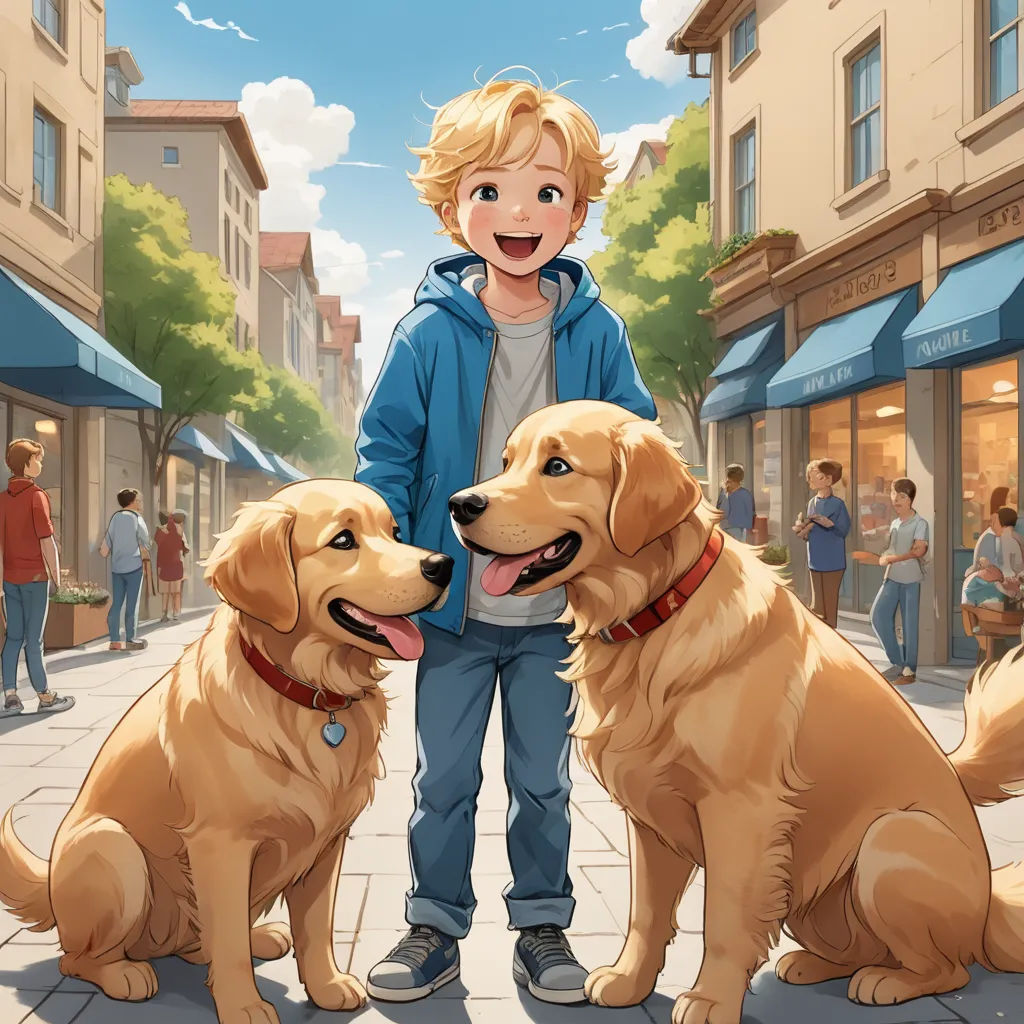 a boy standing next to two dogs on a sidewalk in front of a storefront with people walking by, furry art, a storybook illustration, Diego Gisbert Llorens, kinkade