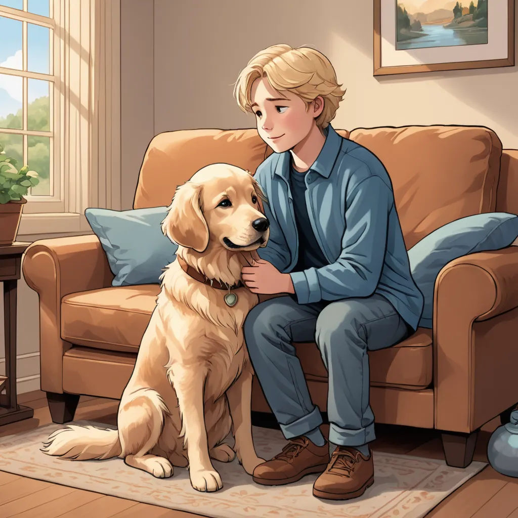 a boy sitting on a couch with a dog in front of him and a painting of a lake behind him, sots art, a storybook illustration, Anson Maddocks, official art