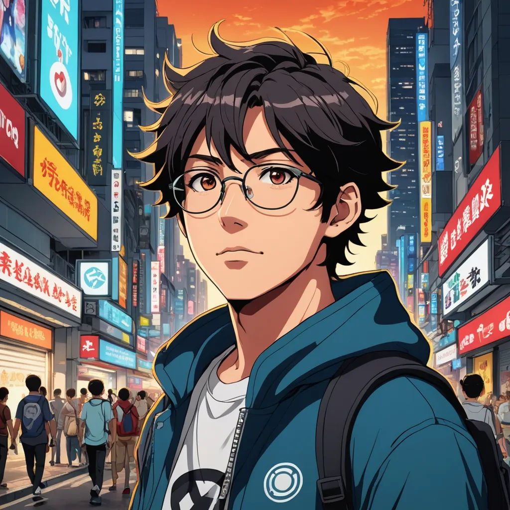 a man with glasses standing in front of a city street at sunset with people walking around him and buildings in the background, aestheticism, a character portrait, Cedric Seaut (Keos Masons), official art