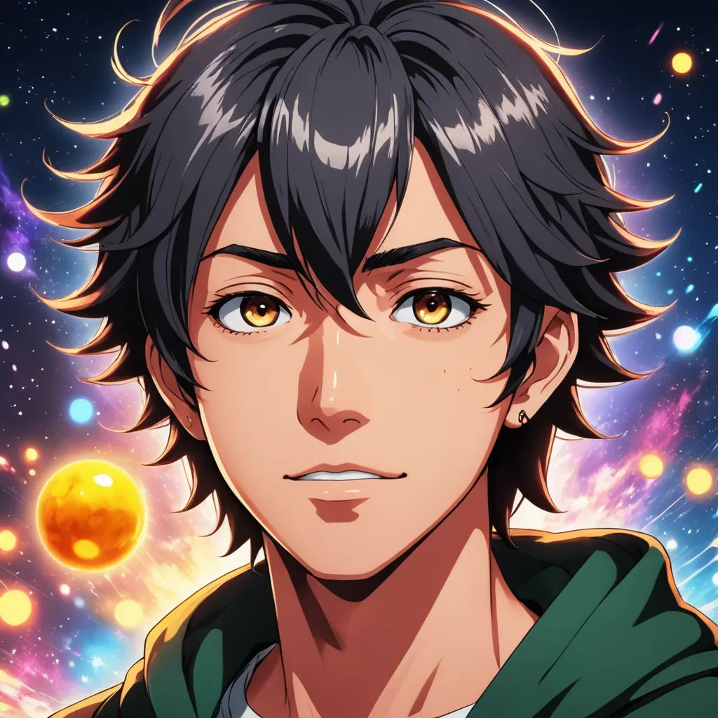 a man with black hair and a green hoodie looks at the camera with a glowing yellow eyeball in the background, space art, a character portrait, Adam Manyoki, character portrait