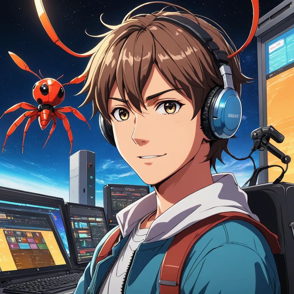 a man with headphones on looking at a laptop computer screen with a spider crawling on his head and a red spider crawling on his head, serial art, a character portrait, Ai-Mitsu, anime key visual
