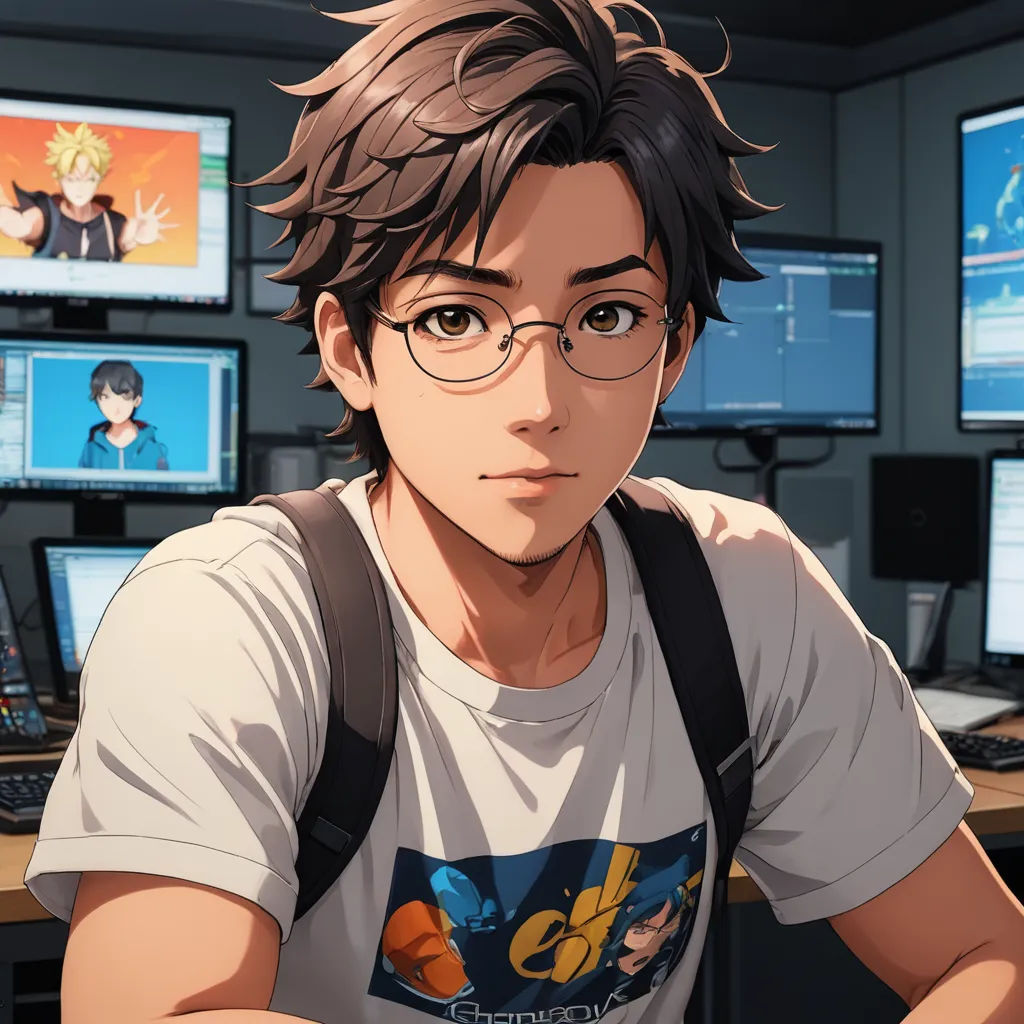 a man with glasses and a backpack in front of a computer desk with monitors and a keyboard on it, sots art, computer graphics, Artgerm, official art