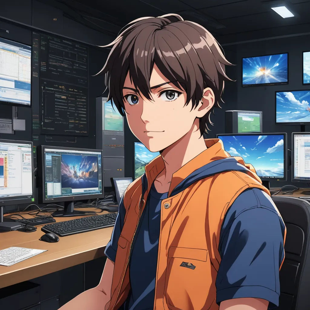 a man sitting in front of a computer desk with multiple monitors on it and a keyboard in front of him, computer art, computer graphics, Ai-Mitsu, official art