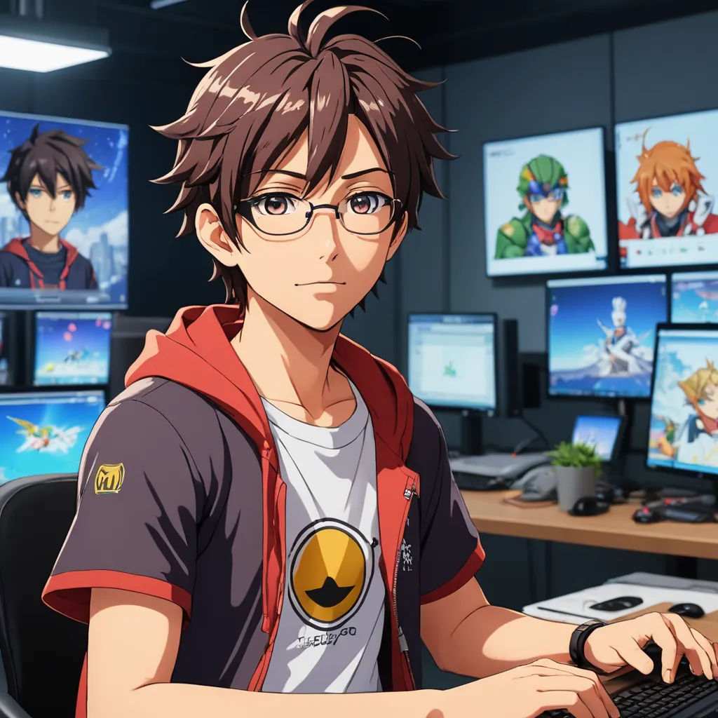 a man sitting at a desk with a keyboard and monitor in front of him and many monitors behind him, sots art, computer graphics, Adam Manyoki, official art