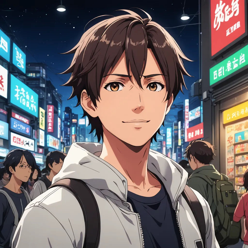 a man in a city at night with a backpack on his shoulder and a crowd of people in the background, serial art, a character portrait, Ai-Mitsu, official art