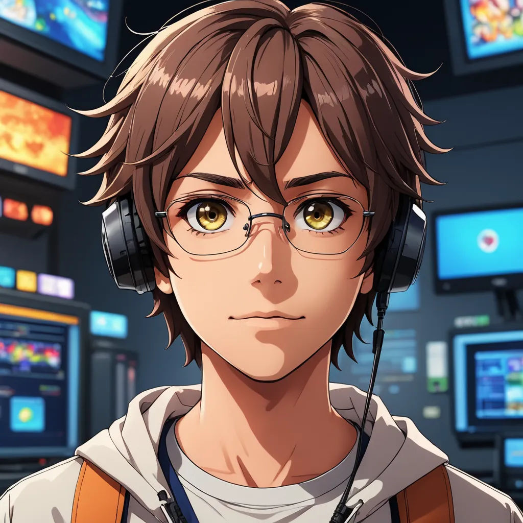 a man with headphones and a backpack in a room full of monitors and televisions with a man with glasses, serial art, a character portrait, Adam Manyoki, official art