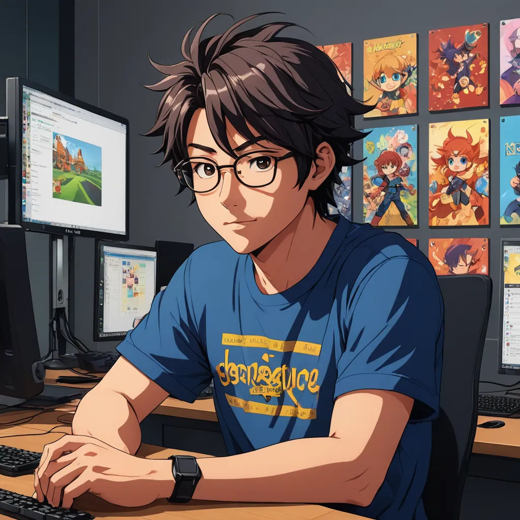 a man sitting at a desk with a computer and a monitor on it, with a bunch of cartoon pictures behind him, sots art, computer graphics, Aguri Uchida, official art