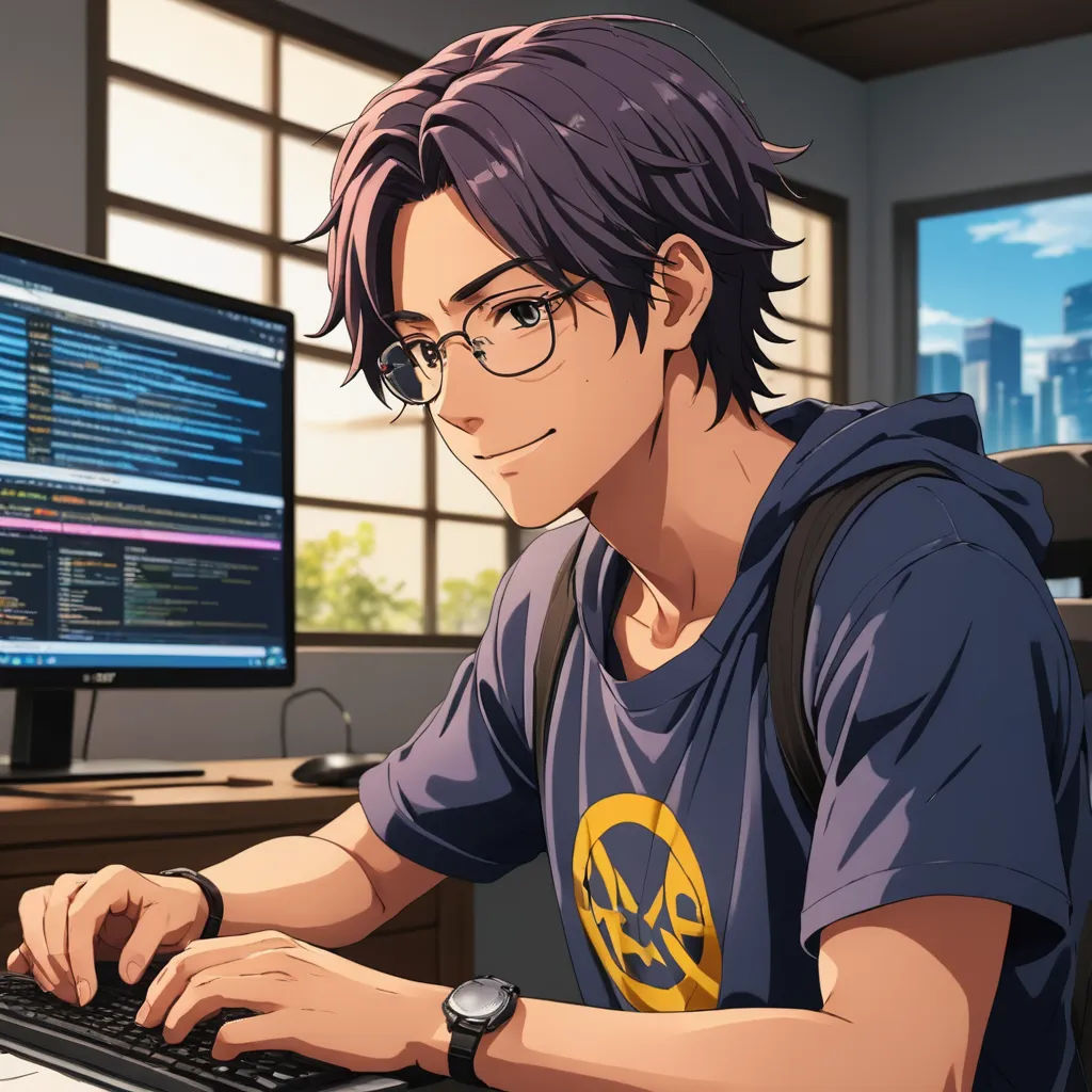 a man sitting at a computer desk with a keyboard and monitor on it's side, with a city in the background, sots art, computer graphics, Cedric Seaut (Keos Masons), official art