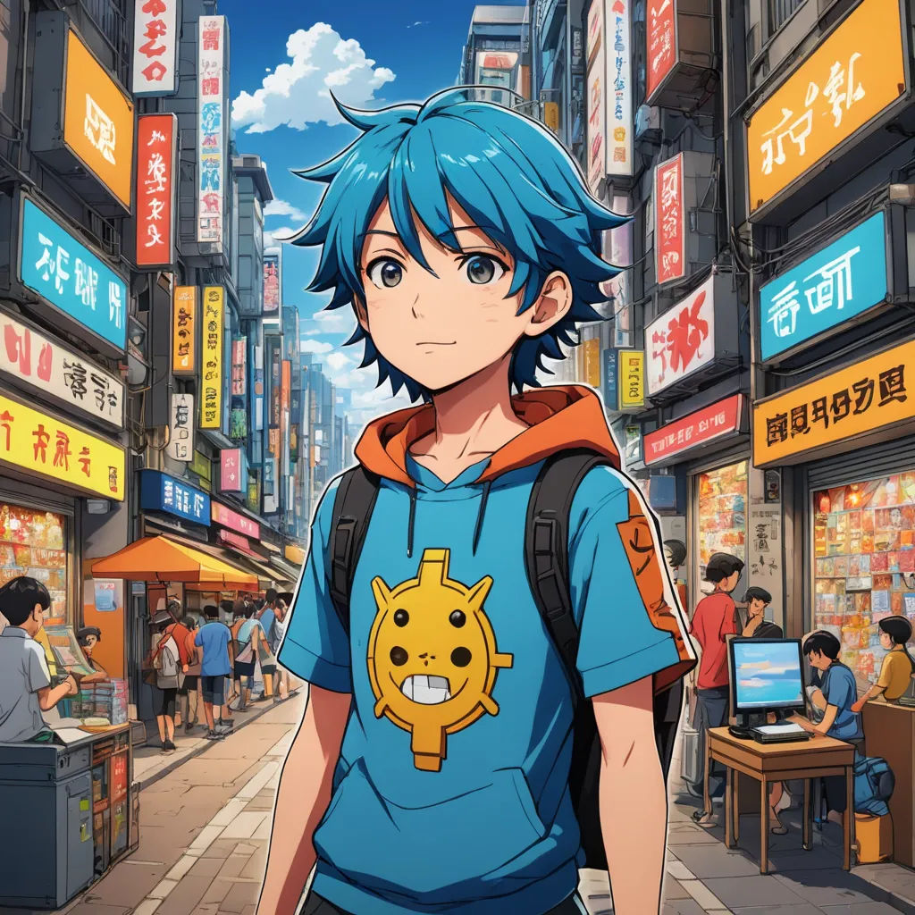 a man with blue hair and a backpack on a city street with people in the background and a sign that says happy birthday, toyism, an anime drawing, Cedric Seaut (Keos Masons), anime key visual