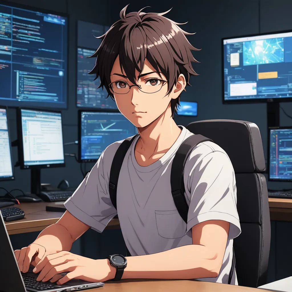 a man sitting at a desk with a laptop computer in front of him and multiple monitors behind him, all of which are displaying screens, computer art, computer graphics, Ai-Mitsu, official art