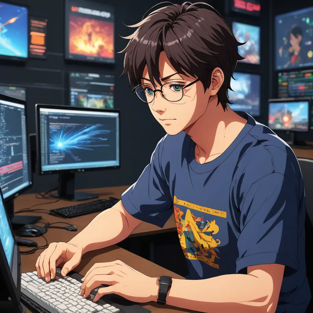 a man sitting at a desk with a computer and a monitor on it, with multiple monitors behind him, sots art, computer graphics, Ai-Mitsu, official art